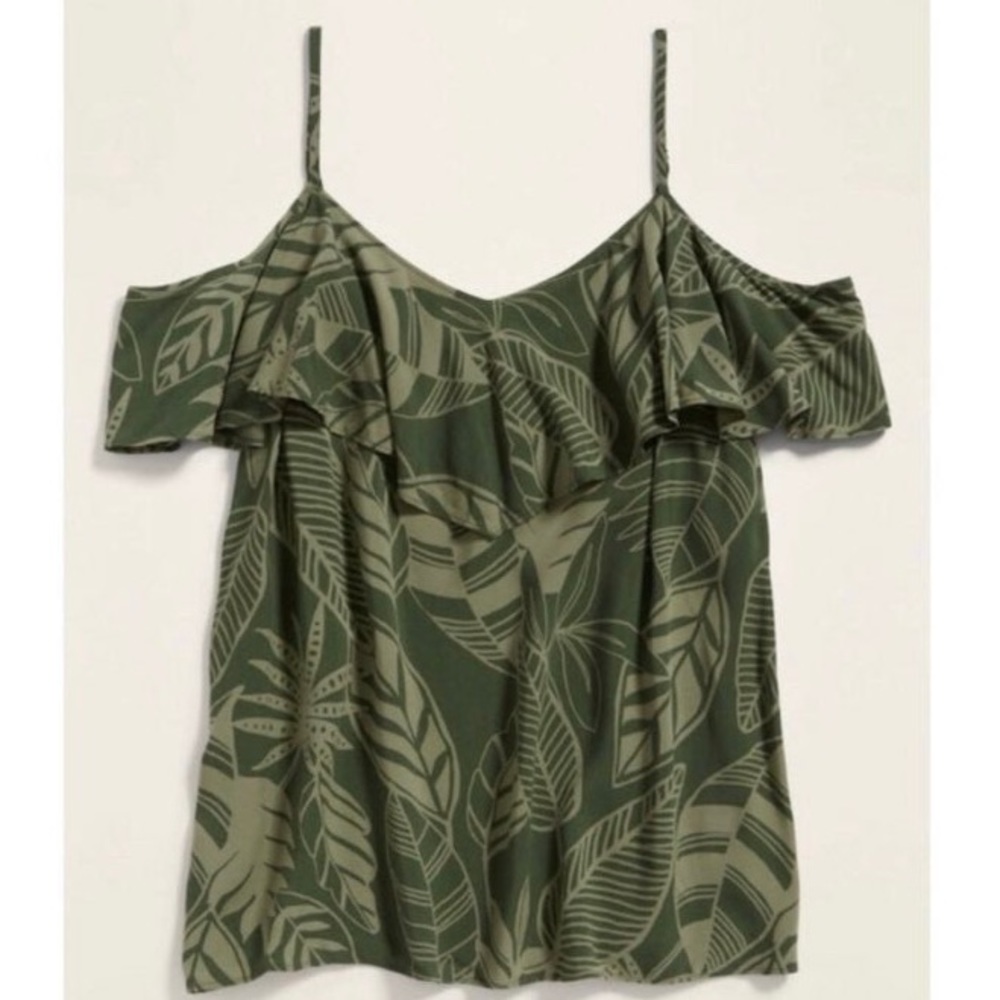 Green Palm Print Cold Shoulder Top
